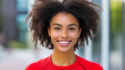 Fototapeta premium A woman with curly hair is smiling and wearing a red shirt. She looks happy and confident. Concept of positivity and self-assurance
