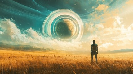 Fototapeta premium A lone figure stands in a field of tall grass, gazing up at a giant, ringed planet in the sky.