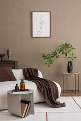 Stylish living space with a modern sofa, minimalist side table, and green plant against a warm beige wall. Accents like a brown throw and abstract art create a cozy, inviting atmosphere Mock up poster