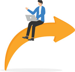 a man in a red jacket with a laptop sits on a big white arrow, share link

