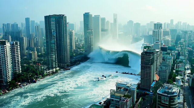 The city is flooded by a huge wave covering streets and buildings, the scene of a catastrophic flood