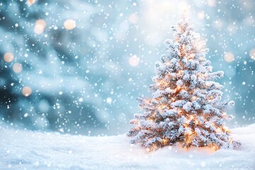 Snowy Christmas tree with twinkling lights
