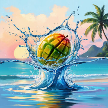 Water Splash on a Mango at a Tropical Beach