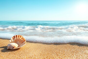 A sunny beach scene with gentle waves washing onto the shore
