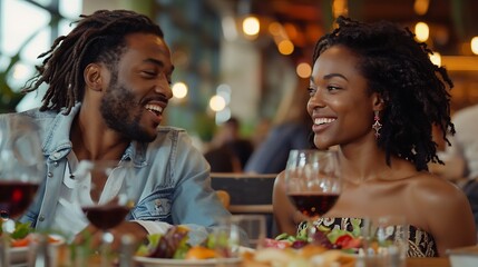 Portrait of cheerful beautiful afroamerican couple dining in restaurant and talking Happy black man and woman eating salad and drinking red wine on date in modern cafe : Generative AI
