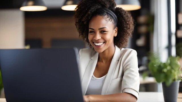 プロジェクトに集中し笑顔を見せる黒人女性ITスペシャリストがクリエイティブオフィスで作業する