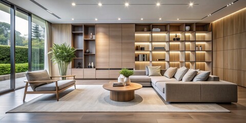 Simplified elegance defines this space through the balance of clean lines, monochromatic tones, and cleverly hidden storage.