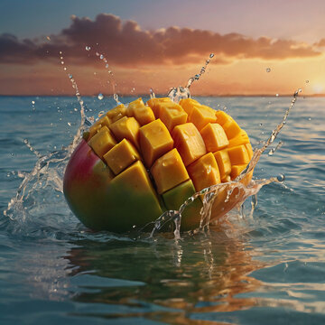 Water Splash on a Mango at  ocean
