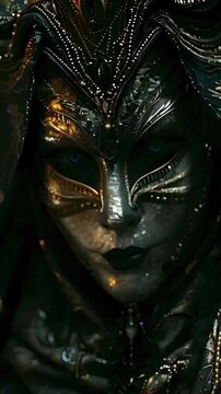 Video Vertical tenebrist recreation of woman eyes behind a venetian carnival mask	
