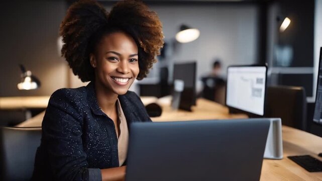 ノートパソコンを使いクリエイティブオフィスで作業する黒人女性開発者の笑顔のポートレート