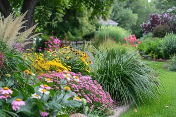 A tranquil garden scene with a mix of blooming perennials, annuals, and ornamental grasses, creating a lush, inviting space