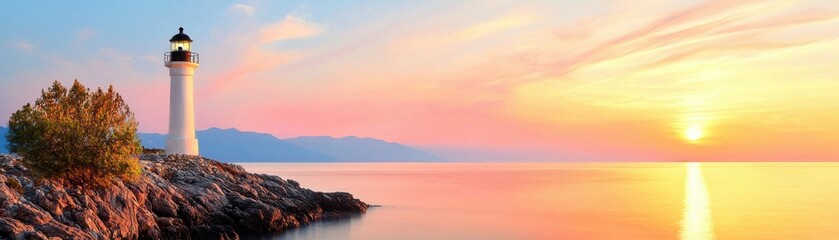 Naklejka premium A serene lighthouse at sunset, illuminating the calm sea and highlighting nature's beauty with vibrant colors and peaceful ambiance.