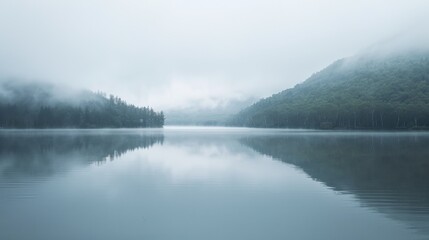 Fototapeta premium A misty morning landscape with gray fog rolling over a quiet lake, reflecting the muted sky