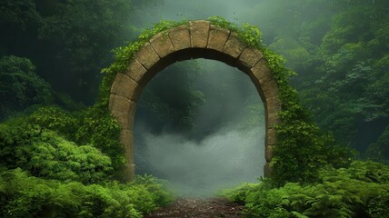 Gothic arch, ancient stone, leading into a dense fog, Watercolor style