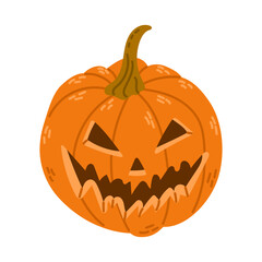 Hand drawn contrast scary pumpkin in flat style. Spooky design for Halloween isolated on white background. Cute jack o lantern
