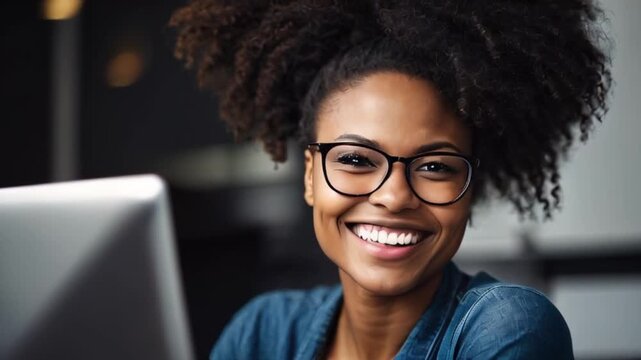 クリエイティブオフィスでプロジェクトに取り組む黒人女性開発者の笑顔とノートパソコン