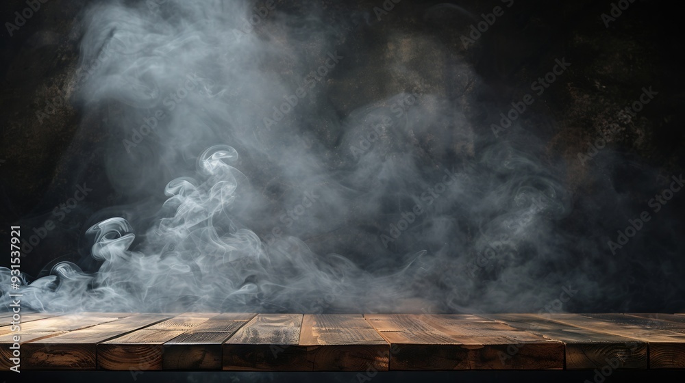 Poster On a black background an empty wooden table with smoke floats up Empty space for displaying your products with a smoke float up on a dark background Space available for displaying your : Generative AI