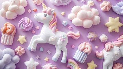 Obraz premium Trendy pastel purple kawaii background with cute air plasticine handmade cartoon animals unicorns clouds rainbows sweet marshmallows pattern Top view flat lay Candycore fairycore : Generative AI