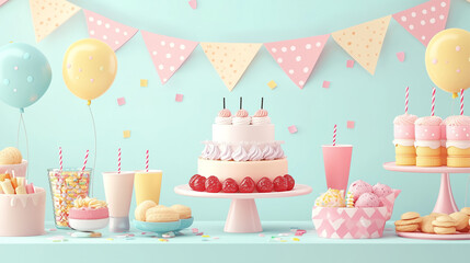 Pastel-themed birthday dessert table with cake, cupcakes, and balloons