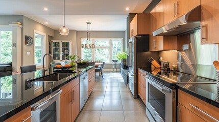A modern kitchen with light black countertops and stainless steel appliances