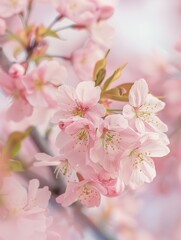 Delicate pink cherry blossoms in full bloom, showcasing their soft petals and vibrant hues.