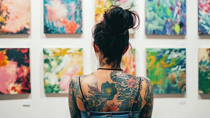 A woman with tattoos on her back stands in front of colorful paintings in an art gallery.