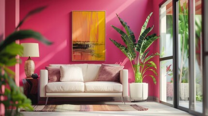 Obraz premium A modern living room with a pink accent wall and contemporary furniture, creating a stylish space