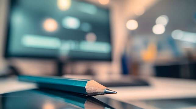 A mechanical pencil on top of a high-resolution monitor, bright, focused lighting casting clear shadows, background of a softly blurred office with a mix of dark and light tones, technical and clean