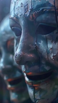 Video vertical recreation of people with deteriorated carnival masks	
