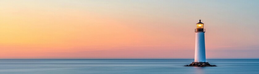 Fototapeta premium A serene lighthouse stands tall against a vibrant sunset over calm waters, symbolizing guidance and hope in nature's beauty.