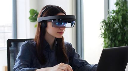 Woman using augmented reality headset while working on a laptop, exploring virtual environments or applications in a modern office setting