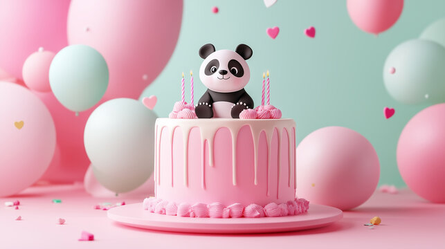 Pink birthday cake with panda topper and candles on pastel background