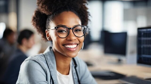 クリエイティブオフィスでノートパソコンを使いプロジェクトに取り組む黒人女性開発者の笑顔