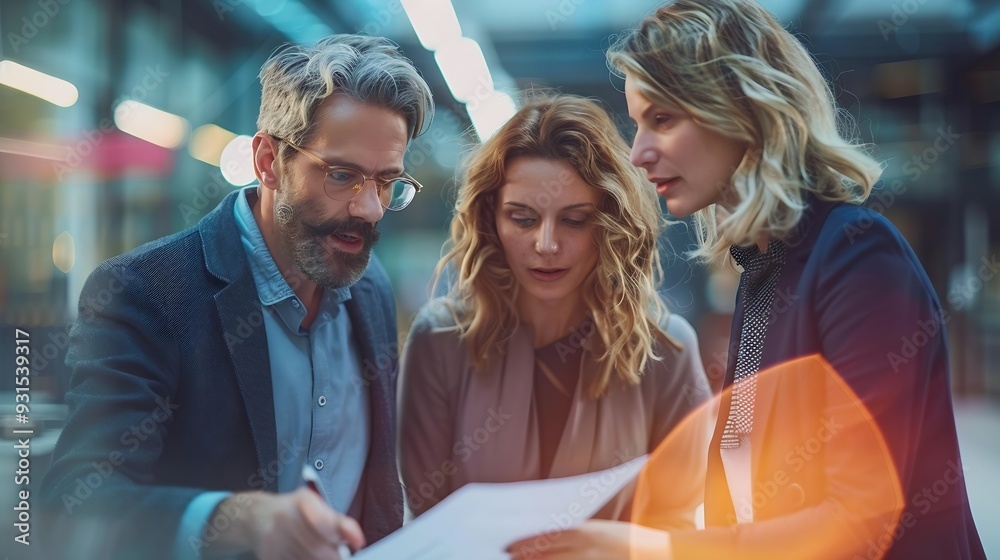 Poster Three business people huddling and discussing a document in an office Group of business professionals contributing their ideas and expertise as they collaborate on a project for their  : Generative AI
