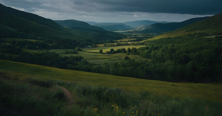 Fototapeta premium Narrow path leading into a valley surrounded by lush green hills