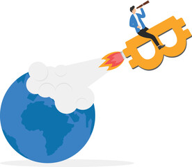 Bitcoin coins and rockets soar in the sky, bitcoin mining, digital money Cryptocurrency investment ideas

