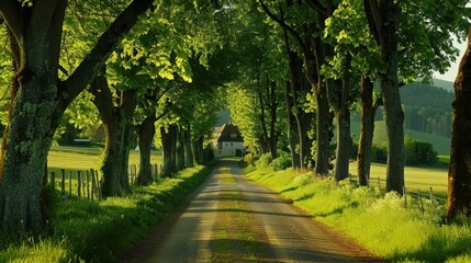 Obraz premium A peaceful countryside road lined with green trees, leading to a distant farmhouse