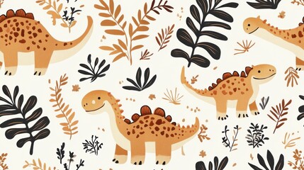 Whimsical dinosaur pattern featuring playful creatures surrounded by lush tropical foliage in warm colors.