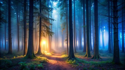 Naklejka premium A mysterious evening in the foggy forest with dim light filtering through the trees, gloomy, fall, evening, forest, fog, mist