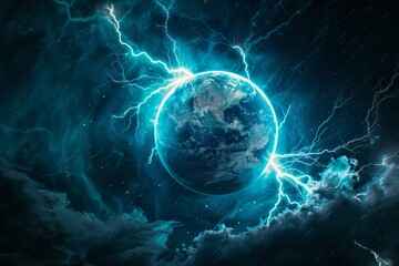 The planet has an intense lightning storm, suitable for futuristic or sci-fi themes