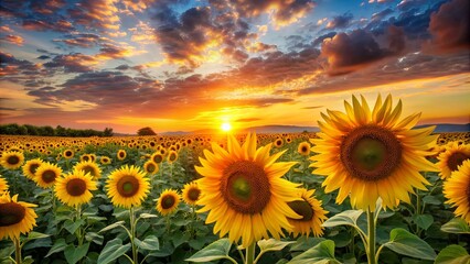 Obraz premium Field of sunflowers with sunset in background, sunflowers, sunset, field, nature, beauty, agriculture, evening, rural, farm