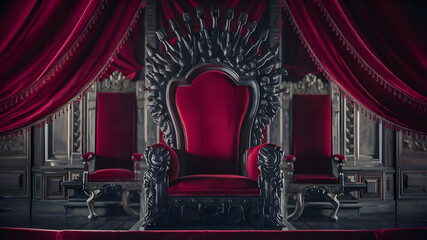 A red chair with a gold frame and red curtains with candles on it.