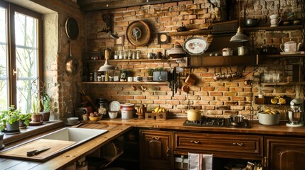 Obraz premium A rustic kitchen with brown brick walls and wooden countertops, creating a warm and earthy feel