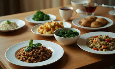 Dining table with variety of healthy food for family dinner