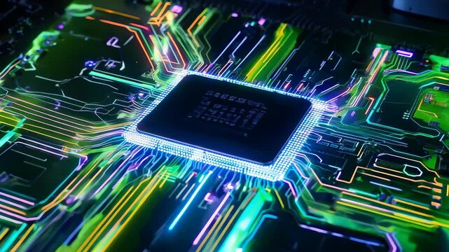 Colorful microprocessor with flashing lights and branching circuits in rhythmic pulse