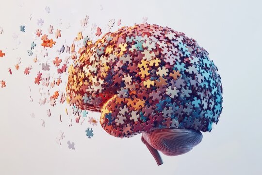 This image depicts a human brain constructed from colorful puzzle pieces, symbolizing complexity and fragmentation, with pieces flying away into the air.