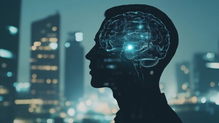 Silhouette of a human head with a digital brain overlay against a city skyline, representing neural connections and technology.