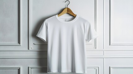 Blank White T-Shirt Mockup: A crisp, white t-shirt hangs on a wooden hanger against a backdrop of elegant white panelling, ready for your design. Perfect for showcasing your brand or artwork.