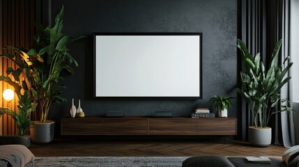 Blank tv screen mockup in modern living room interior with wooden furniture and green plants.