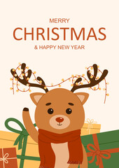Merry Christmas and happy new year greeting card with reindeer and gifts. Flat vector illustration